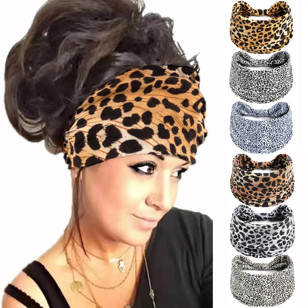 6PCS Headbands for Women Wide Boho Head Scarfs Non Slip Bandanas Hairbands Elastic Hair Accessories Knotted Turbans Head Wrap Adult (leopard headband)