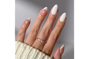 Glamnetic Press On Nails - Sweater Weather | Short Almond Fake Nails with White Glitter French Tips & 3D Designs in a Glossy Finish, Salon Quality Winter Nails | 15 Sizes - 30 Nail Kit with Glue