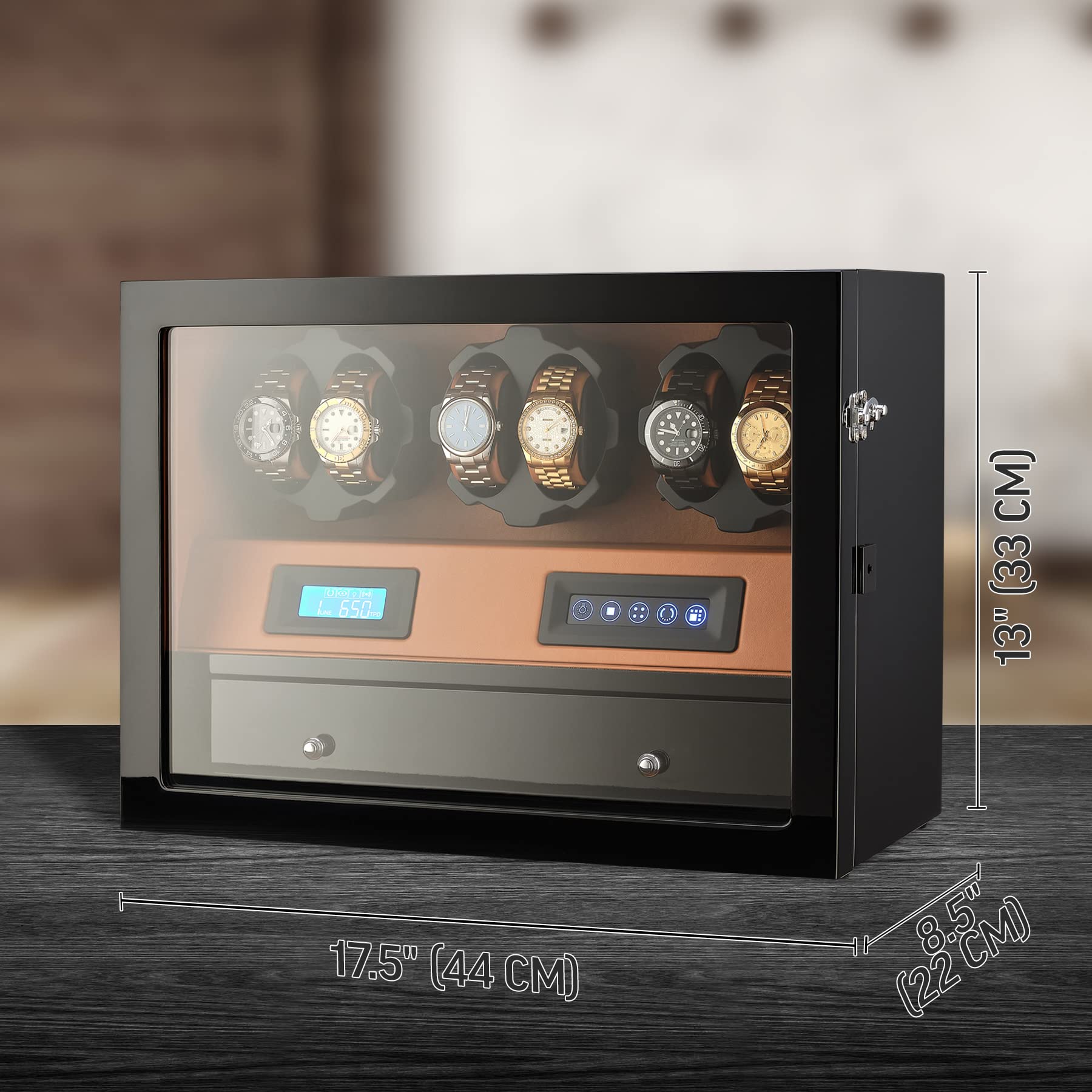 6 Watch Winder with Jewelry Storage Drawer, LCD Display, Touch Control and Interior Backlight