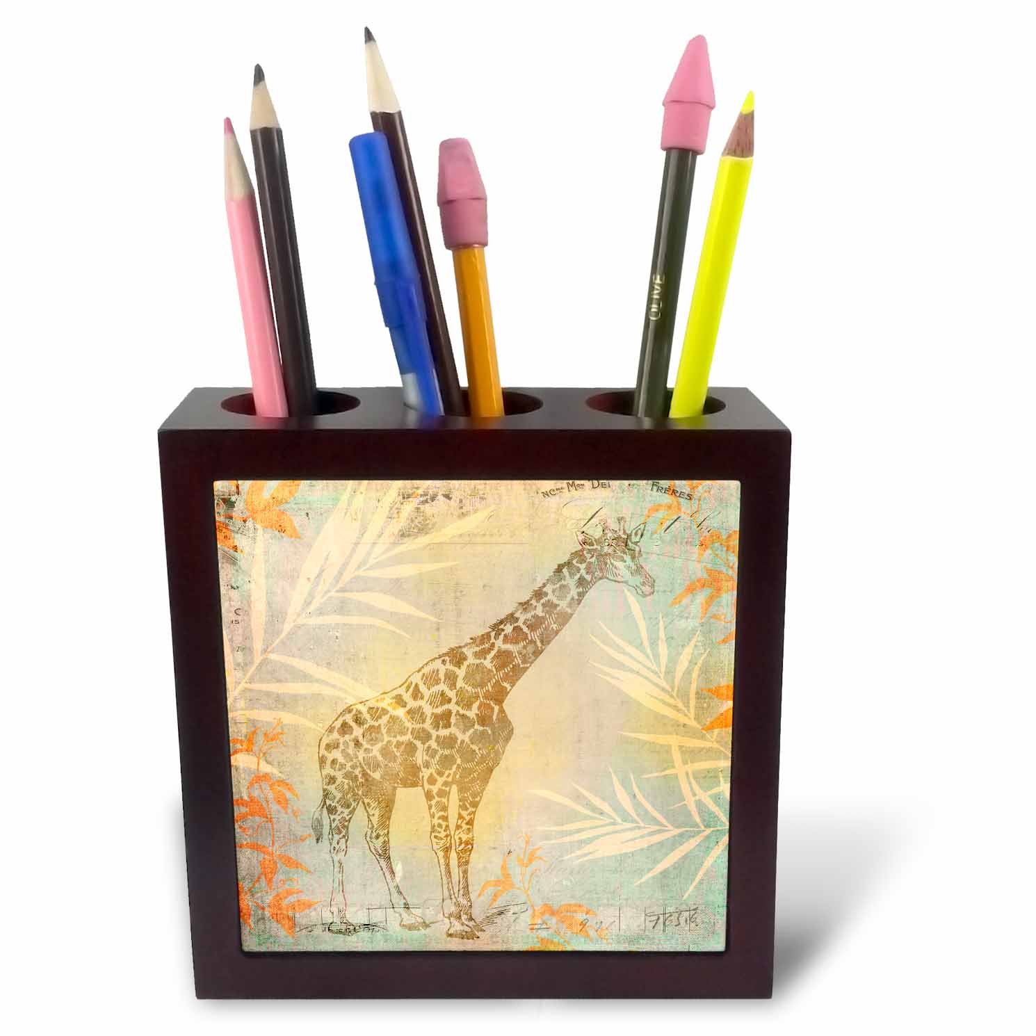 3dRose African Giraffe Illustration-Tile Pen Holder, 5-Inch (Ph_271175_1), Wood, 5 Inches