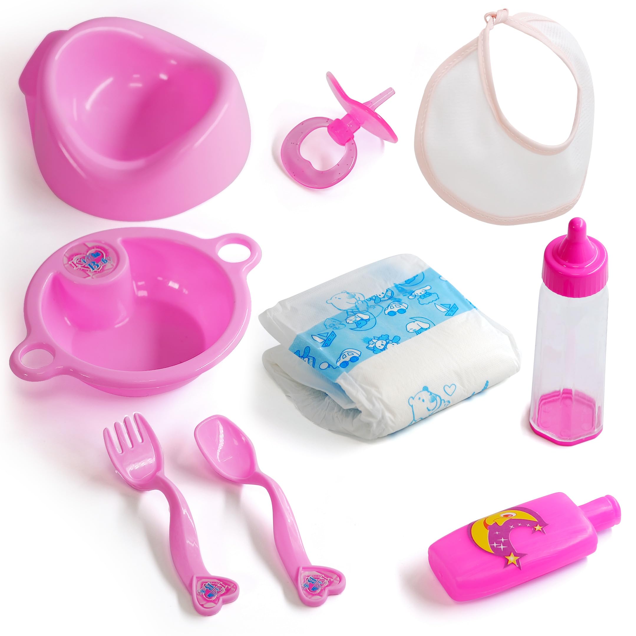 The Magic Toy Shop 9 Piece Baby Dolls Feeding Accessories & Nappy Set with Milk Bottle, Dummy, Potty, Feeding Accessories, Nappies, Shampoo Bottle, Bib