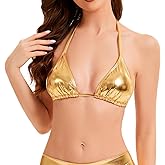 Emycool Women's Metallic Crop Top Shiny Rave Bra Halter Adjustable Bikini Top Bralette for Dance, Festival, Costumes