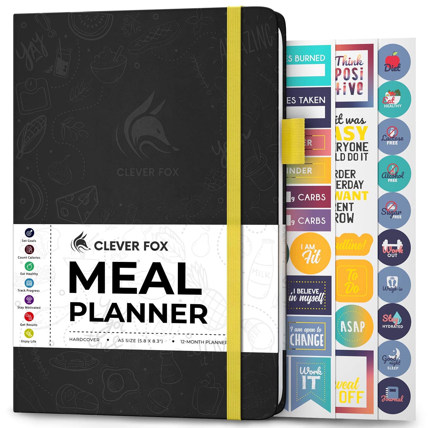 Clever Fox Weekly Meal Planner - Weekly & Daily Meal Prep Journal with Shopping and Grocery Lists for Menu Planning, Healthy Diet & Weight Loss Tracking, Lasts 1 Year, Undated, A5 - Black