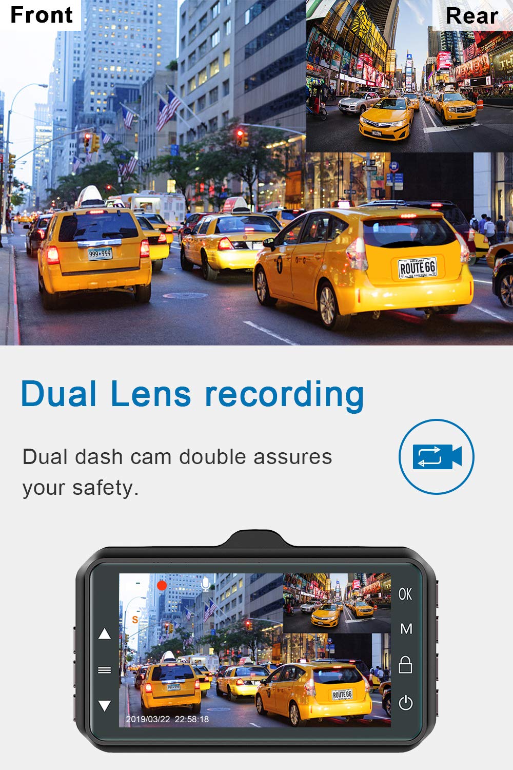 Dash Cam Front and Rear CHORTAU Dual Dash Cam 3 inch Dashboard Camera