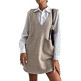 OYOANGLE Women's V Neck Sleeveless Knitted Solid Short Sweater Dress with Pockets