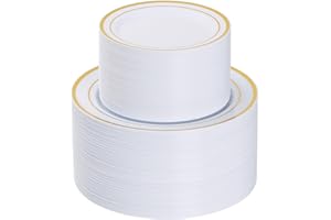 Goodluck 200PCS Gold Plastic Plates, Heavy Duty Disposable Gold Plates with 100 10.25 inch Dinner Plates and 100 7.5 inch Dessert Plates for Party, Holiday, Wedding, Thanksgiving