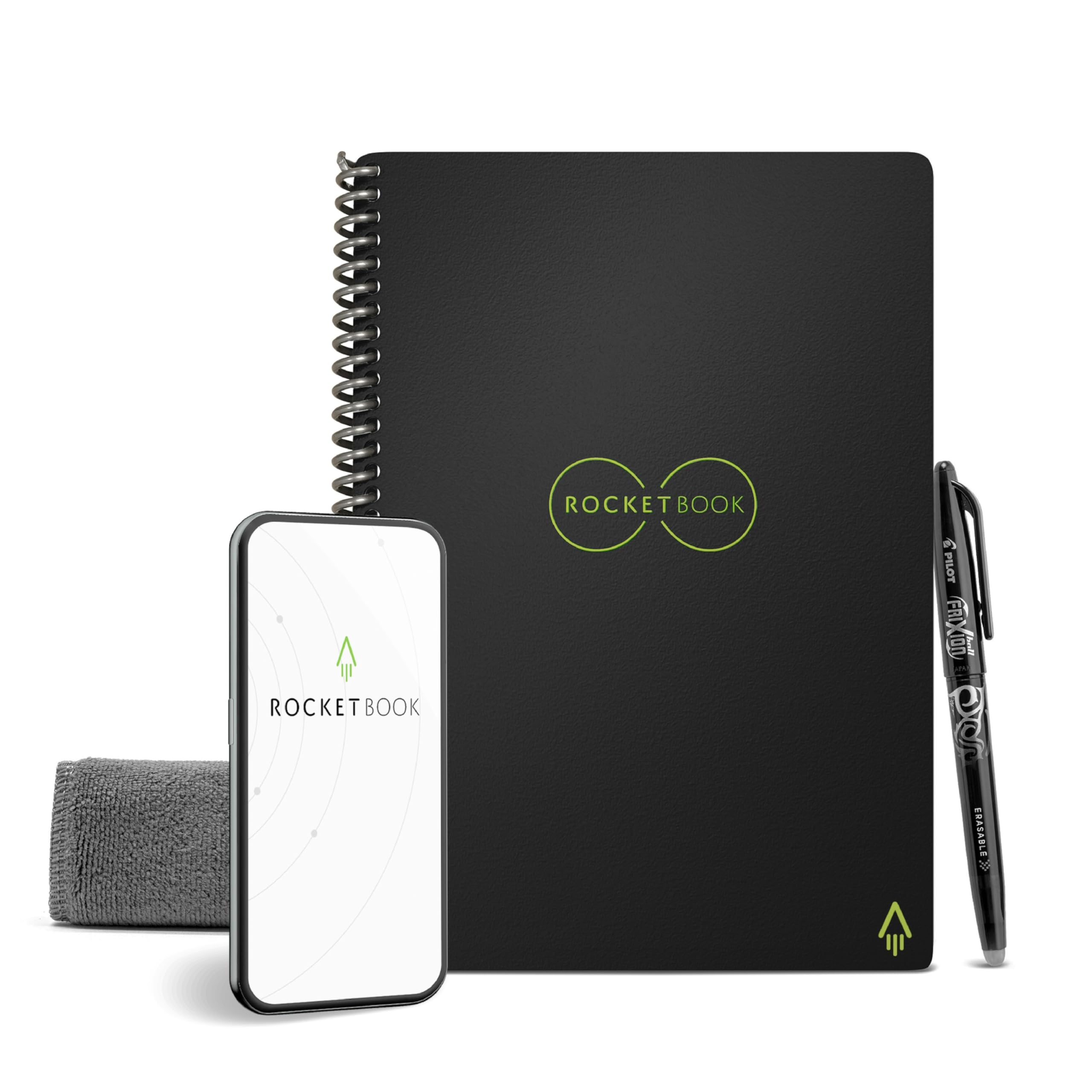 Rocketbook Reusable Digital Notebook - Smart Notepad A5 Black - Spiral Note Book To Do List Pad, Lined Paper with Frixion Erasable Pen and Wipe, Office Gadget with Rocketbook App, Reduce Paper Waste