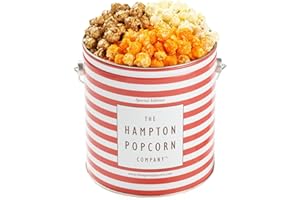 THE HAMPTON POPCORN COMPANY 3 Flavor, 1 Gallon Red & White Stripe Gourmet Popcorn Tin, Butter, Caramel & Orange Cheddar Cheese, The Hampton Popcorn & Candy Company (10.5 Oz., 1 Gallon Tin)