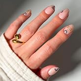 Glamnetic Press On Nails - Short Oval, Glossy Fake Nails 30 Pc Full Kit | Nude, gold &amp; navy press on nails: Myko Muse. Full nail kit. Raised nail art glue on nails. Wear fake nails up to 2 weeks