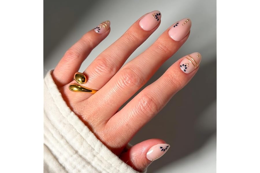 Glamnetic Press On Nails - Short Oval Fake Nails with Greek-inspired Patterns, Gold Foil & Glossy Finish | Salon Quality Vacation Nails | Myko Muse | 15 Sizes - 30 Nail Kit with Glue