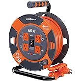 Link2Home 60 Ft. Extension Cord Reel, 4 Power Outlets, 14 AWG SJTW | Heavy-duty cable, high-visibility jacket, ideal for job sites and garages