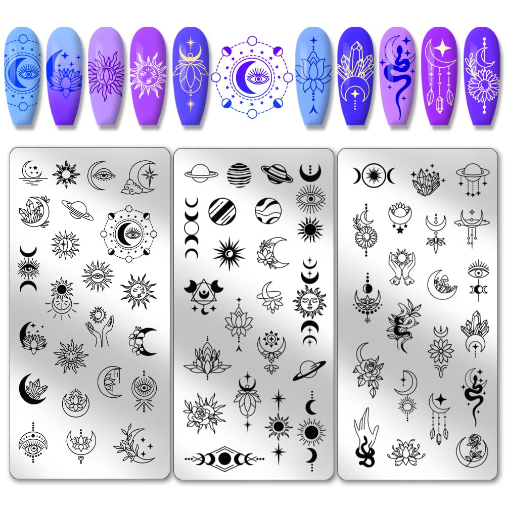 PH PandaHall 3pcs Astrolabe Nail Stamping Plates, Moon Star Planet Nail Stamper Nail Art Stencils Print Nails Stencils Stainless Steel Nails Image Plates for DIY Manicure Salon Art Design