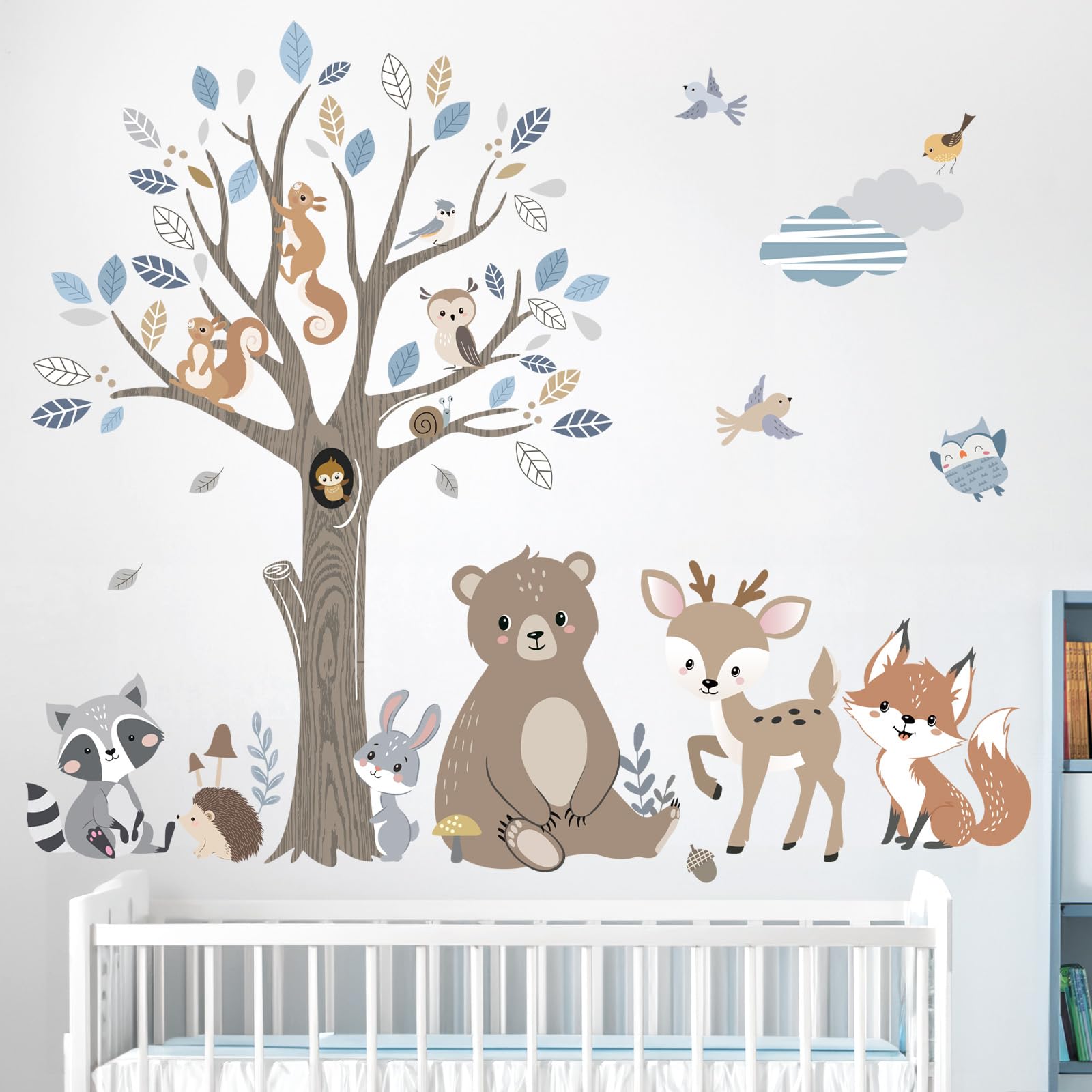 decalmile Boho Forest Animal Tree Wall Decals Bear Deer Fox Woodland Wall Stickers Baby Nursery Kids Bedroom Daycare Wall Decor