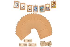 Anwyll 30Pcs Paper Picture Frames - 4x6'' Kraft Paper Photo Frames Cardboard Picture Frames with Clip and String DIY Clip Photo Holders Photo Hanging Display Kit Wall Decoration for Home Party Office