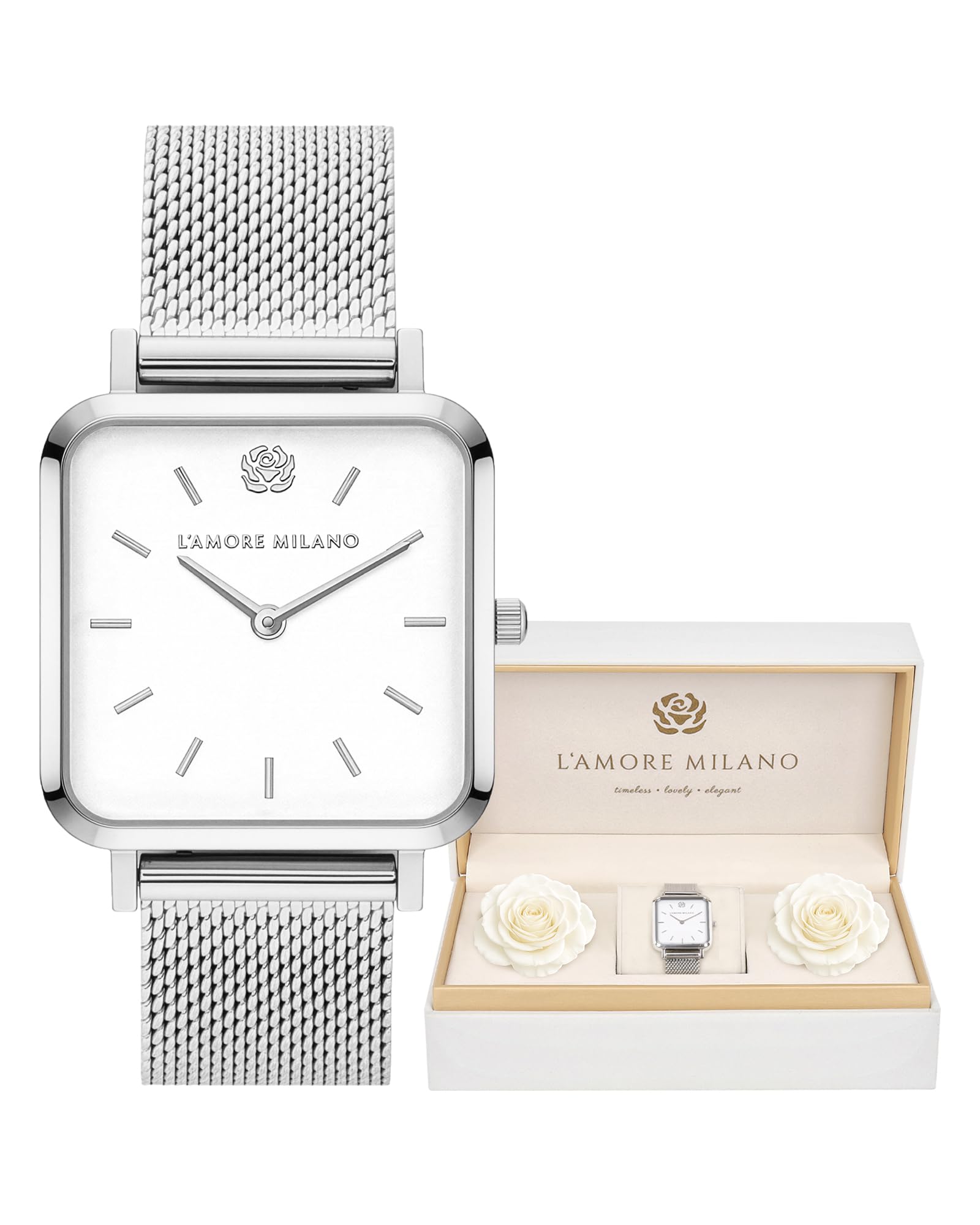 L'AMORE MILANO - Watches for Women Lovely Christmas Gifts - 28mm Ladies Watches Rose Box Gifts for her - Square Ladies Watch Gold, Rose Gold, Silver