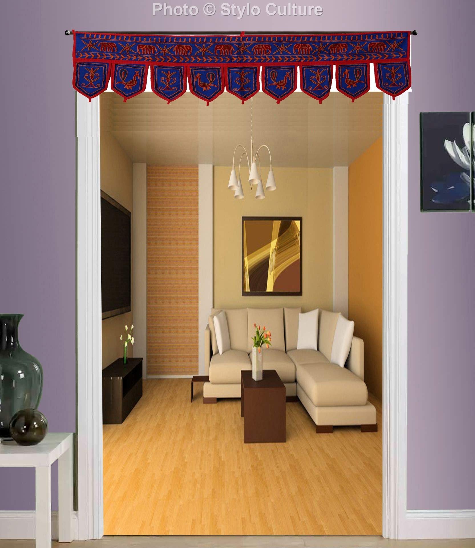 Decorative Cotton Window Valance India Blue Indian Embroidered Elephant Scarf Curtain Topper Bedroom Traditional Swag Curtain Door Hanging Toran | 36 x 10 Inches