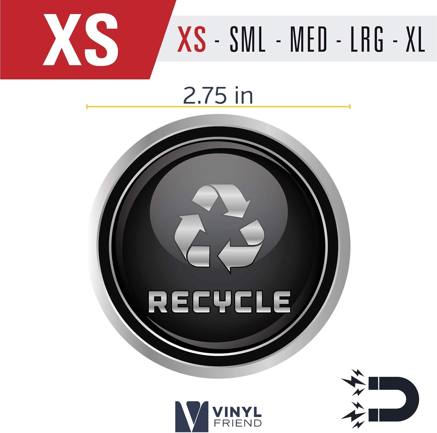 Recycle and Trash Logo Symbol - Elegant Golden Look for Trash Cans, Containers, and Walls - Laminated Vinyl Decal (XSmall, Silver - Magnetic) - - 