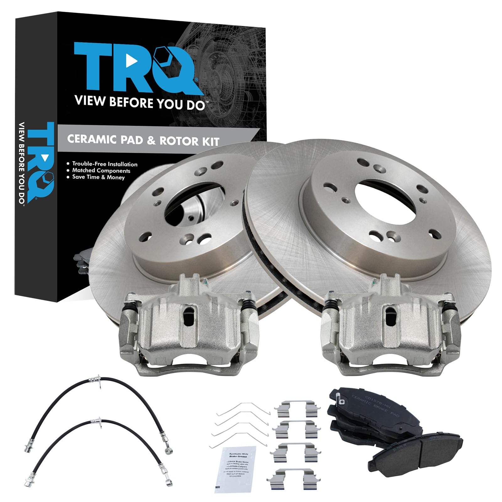 TRQ Front Brake Pad and Rotor Set Ceramic Rotors Calipers Compatible with 2012-2015 Honda Civic Image