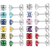 12 Pairs Surgical Stainless Steel Stud Earring Round Heart Star Square Cubic Zirconia Birthstone Stud Earrings Set for Women