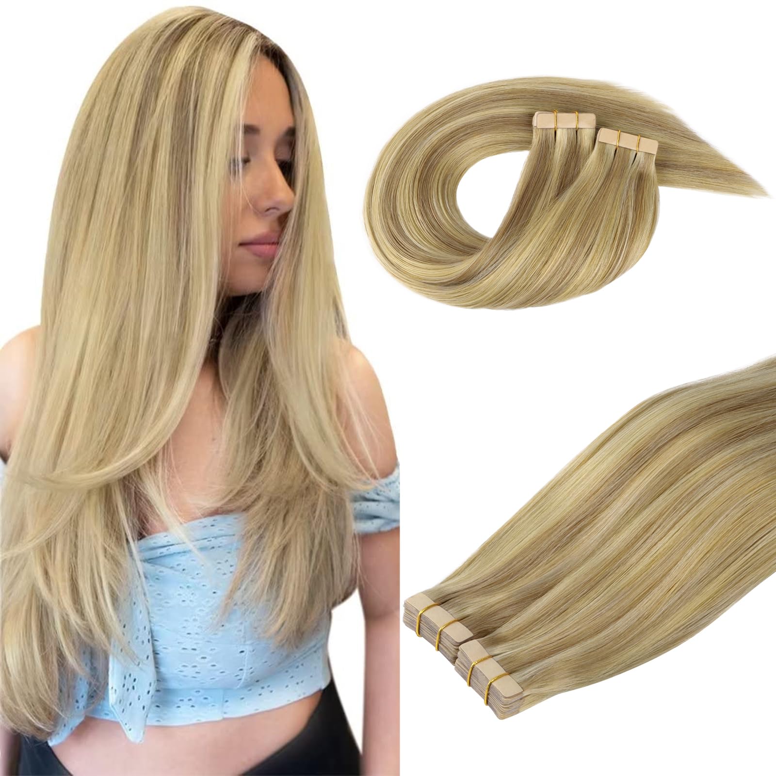 DOORES Human Hair Extensions Tape in, Balayage Light Blonde Highlighted Golden Blonde 22 Inch 100g 40pcs, Tape in Hair Extensions Straight Real Natural Hair Extensions — image 1