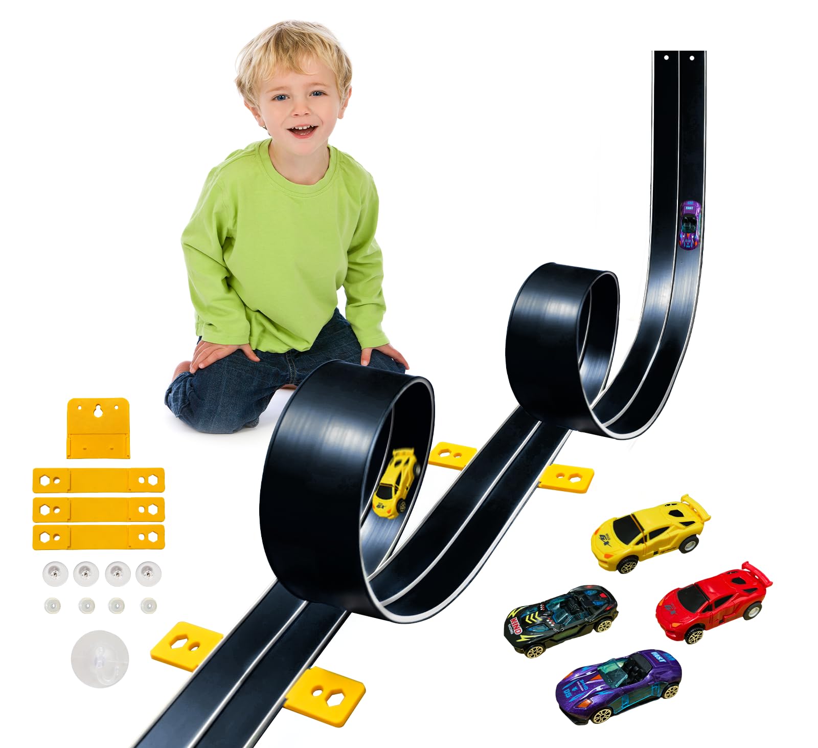 Photo 1 of 15 Ft Flexible Race Car Track for Kids,Flex Track Starter Set Compatible with Hot Wheels and Diecast 1/64th Cars,Portable Racetrack Roll Up Race Track with 4 Racecars and Suction Cups
