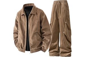 2 Piece Outfits for Men Zip Up Solid Lapel Tracksuit Jackets & Wide Leg Drawstring Pants Set Pocekts Fall Winter Sweatsuit