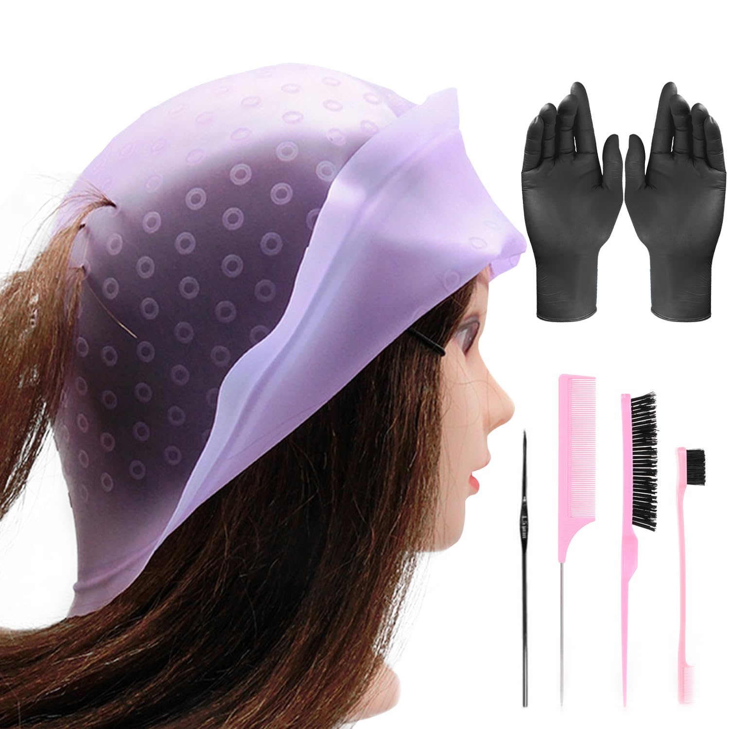 1 Hair Coloring Hat with Crochet Hooks, 1 Set of Combs, 1 Pair of Gloves, Hair Coloring Set, Multifunctional Styling, Hairdressing Tools, Suitable for Hair Coloring in Hair Salons