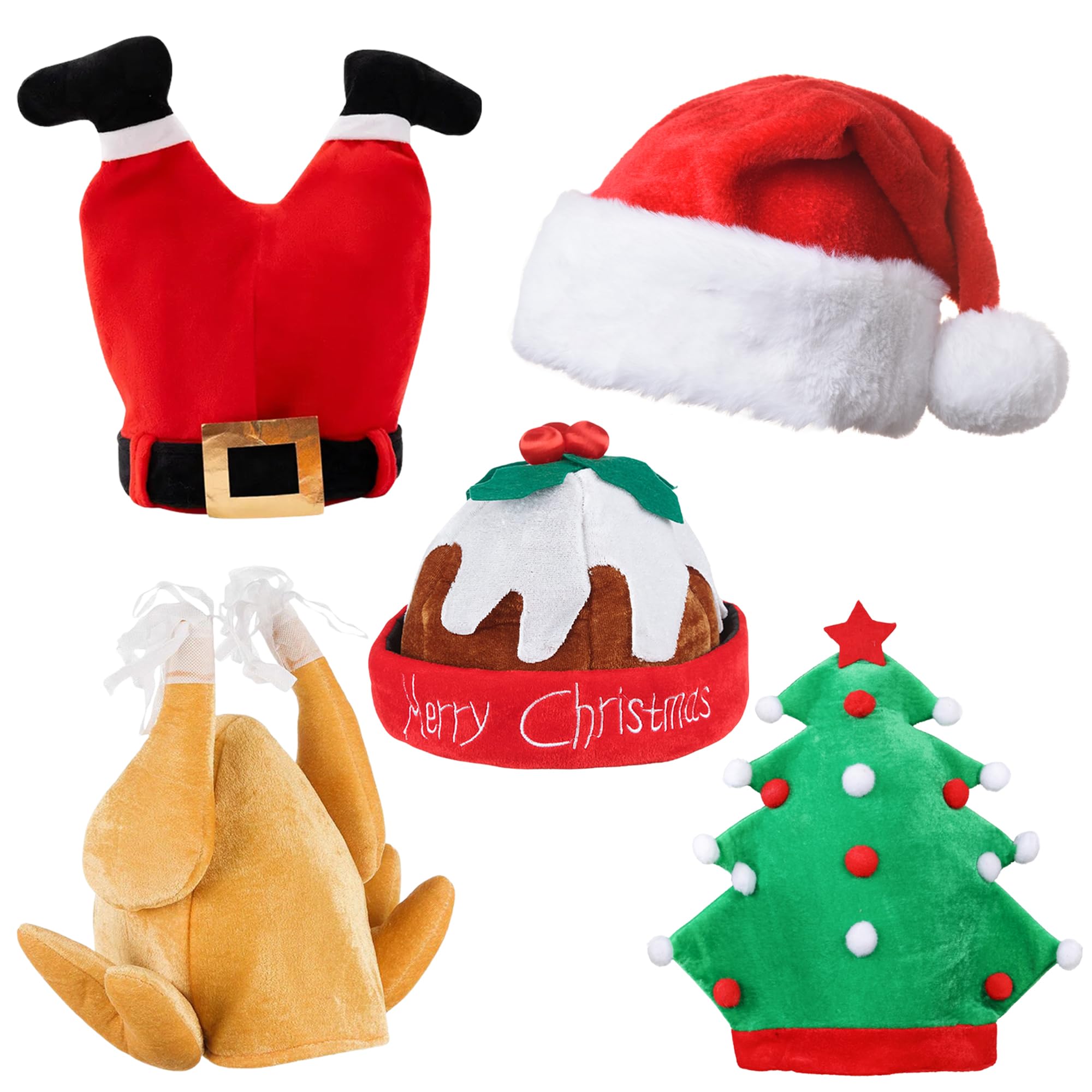 Novelty Christmas Hats Adults and Kids - Novelty Christmas Hat Pack for Kids and Adults - Silly Festive Headwear as Santa Xmas Party Props - Funny Xmas Headwear with Turkey, Pudding and Tress