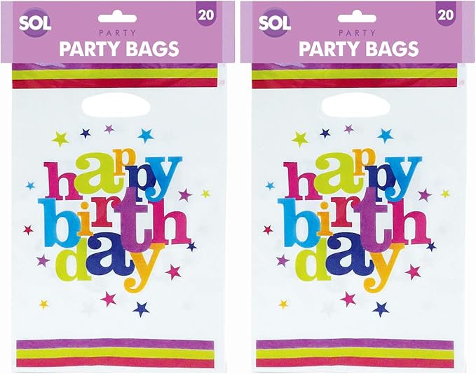 40 Happy Birthday Bags 2 x Pack of 20 Plastic Party Bag With 2