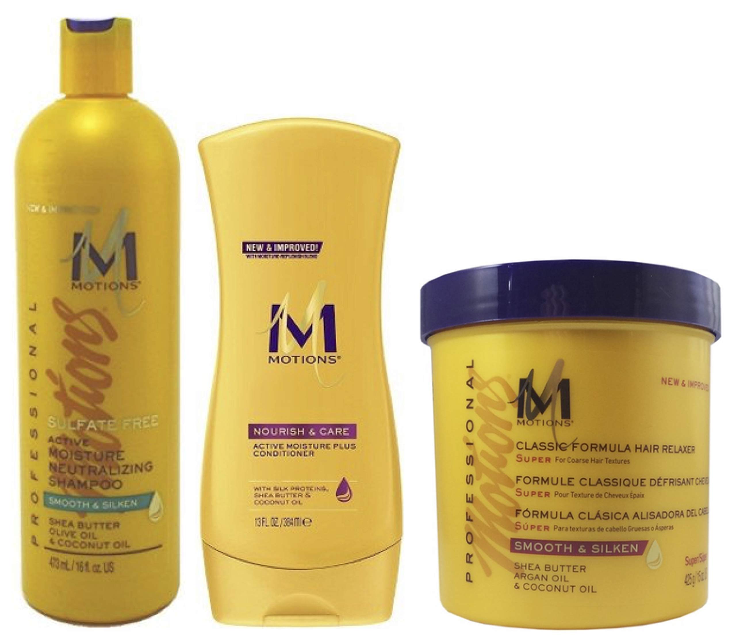 Motions Neutralizing Shampoo 16oz, with Moisture Plus Conditioner 13oz & Super Hair Relaxer 15oz