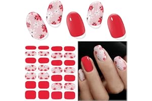 DUKASOU Semi Cured Gel Nail Strips (Red Pink Flowers), 28 pcs UV Gel Nail Stickers for Women Work with Any UV Lamps, Salon Quality Nails Wraps for Home DIY Nails Art