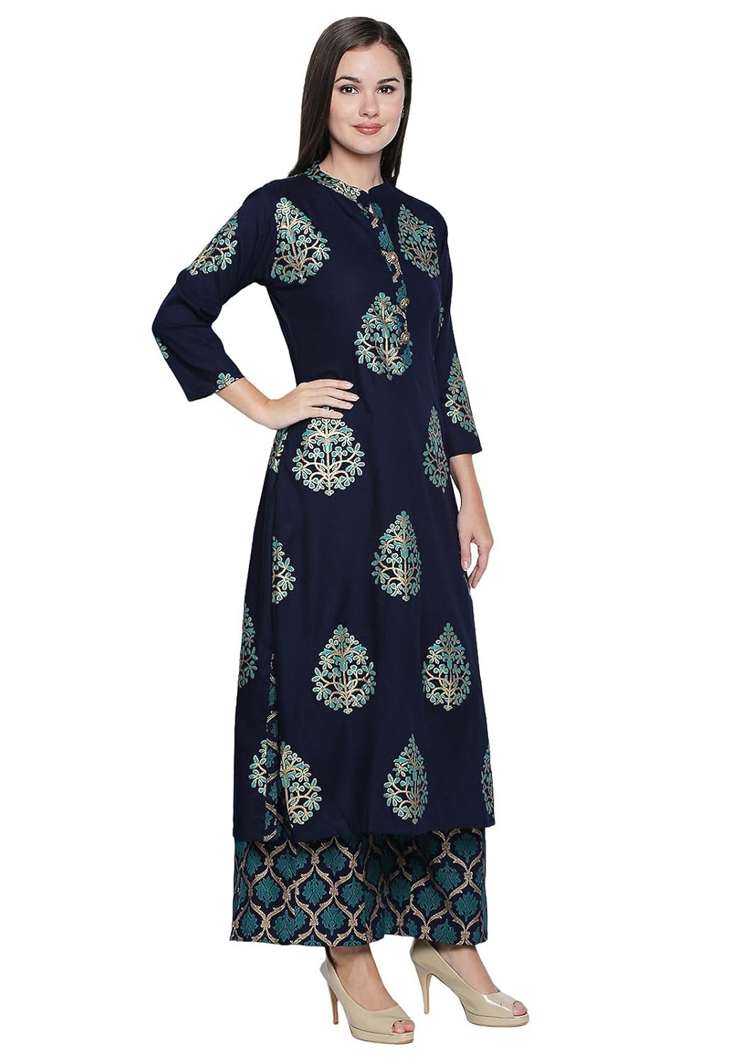 ishin viscose rayon navy blue printed a-line women's kurta & palazzos set