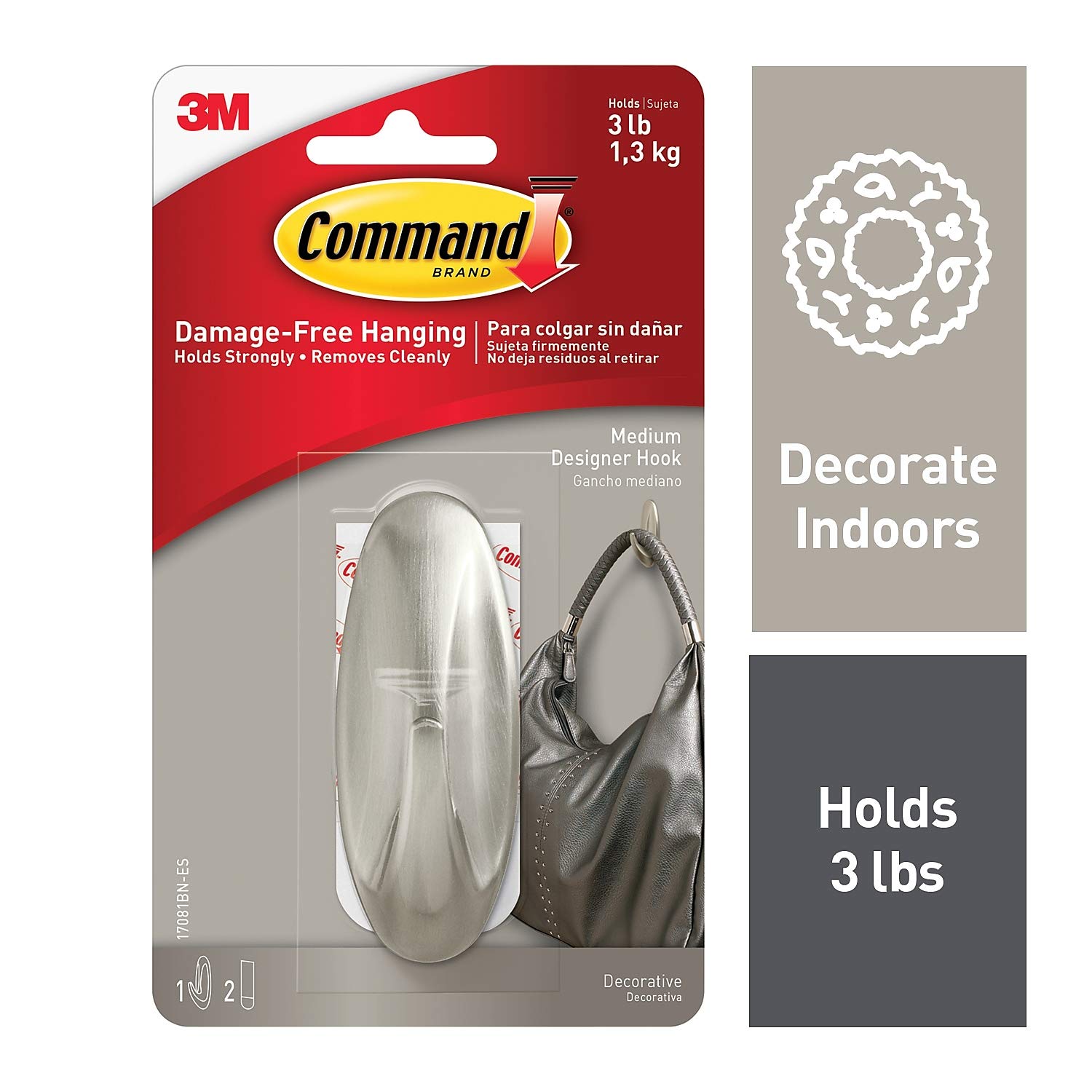 3M 17081Bn Designer Hook with Strips - Brushed Nickel (Pack of 4)