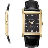 Perry Ellis Men's Watch, Fashion Wrist Watch for Men | Ultra Slim, Rectangular, Textured Dial, Diamond Accents, Faceted Indexes, Adjustable Leather Strap, Quartz