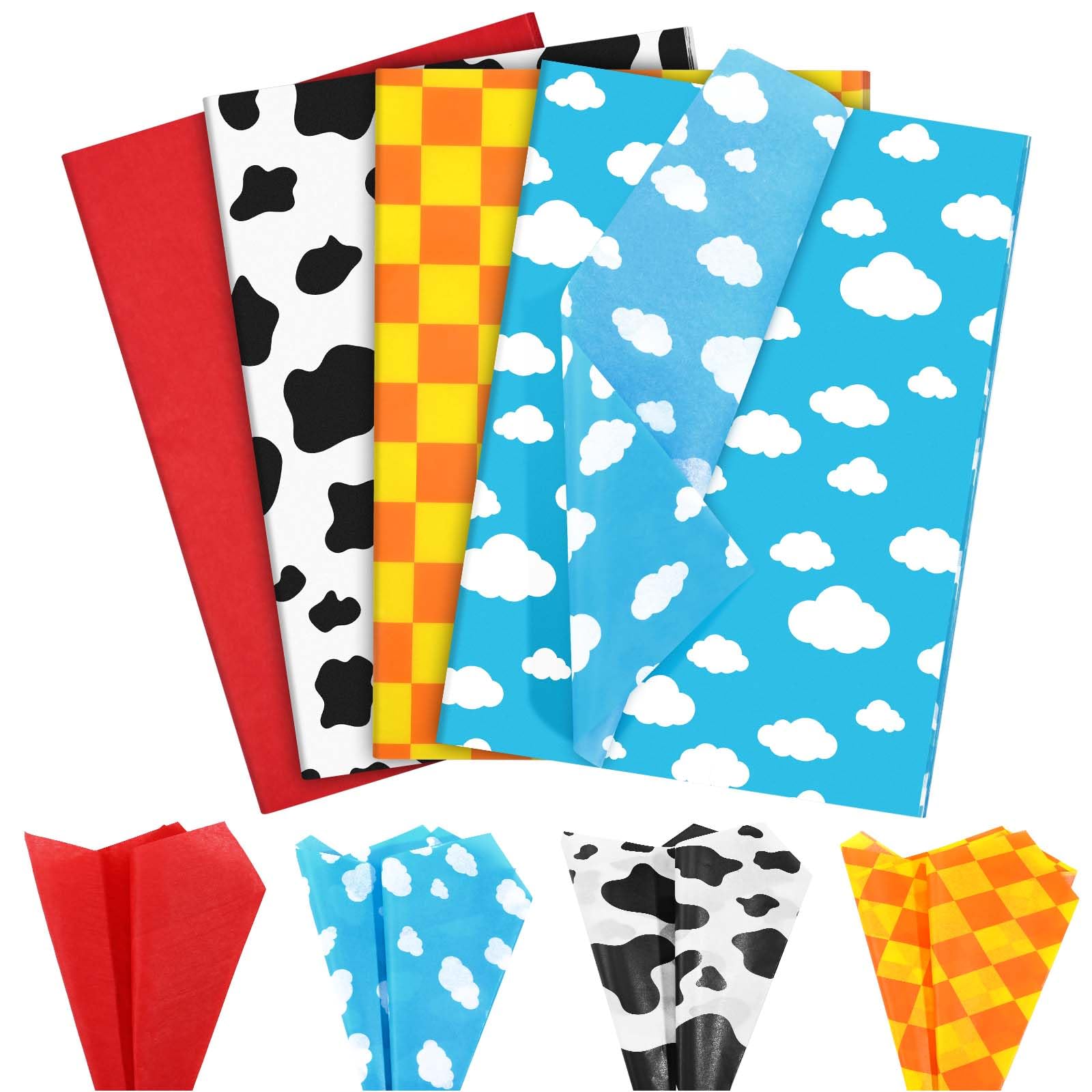 Photo 1 of 100Pcs Cartoon Story Tissue Paper Blue Sky White Clouds Cow Yellow Checkered Tissue Paper for Gift Wrapping for Birthday Party Baby Shower DIY Craft Supplies, 20 × 14 Inches