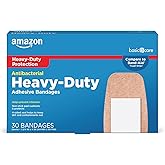 Amazon Basic Care Heavy Fabric Adhesive Bandages, Strong Adhesion, Large Tough &amp; Flexible Non-Stick Pad Cushion, 1.75 x 4 in, 30 Count
