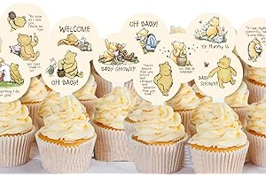 UNBALA Winnie Quotations Cupcake Toppers 48 Pcs 12 Designs Classic Pooh Baby Shower Decorations Cute 1 St Birthday Party Supplies For Kids Dessert Favor