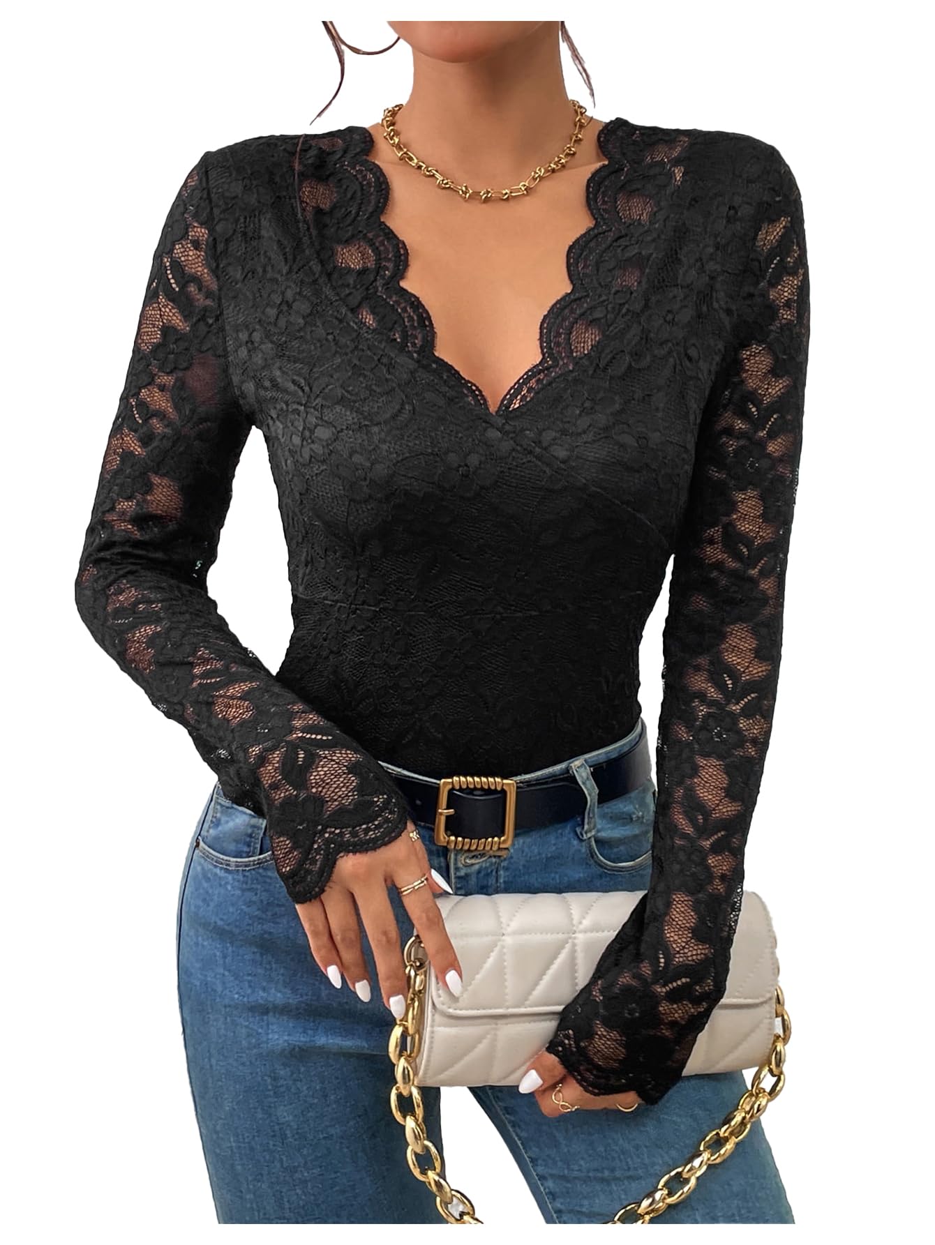 Photo 1 of WDIRARA Women's Lace Bodysuit Scalloped Trim V Neck Long Sleeve Body Suit Black Medium