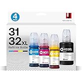 31 32XL Ink Bottle Refill Kit Compatible for HP Smart Tank 5101 7301 7602 7001 6001 Plus 551 651 455 457 450 All-in-One Ink-Tank Printers, 4-Pack (140ML 32XL Black Ink, 70ML 31 Color Ink)
