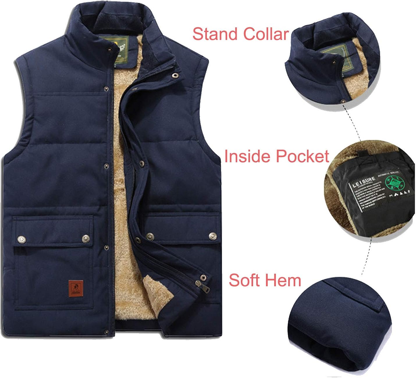 Flygo Men's Winter Warm Outdoor Padded Puffer Vest Thick Fleece Lined Sleeveless Jacket at  Men’s Clothing store