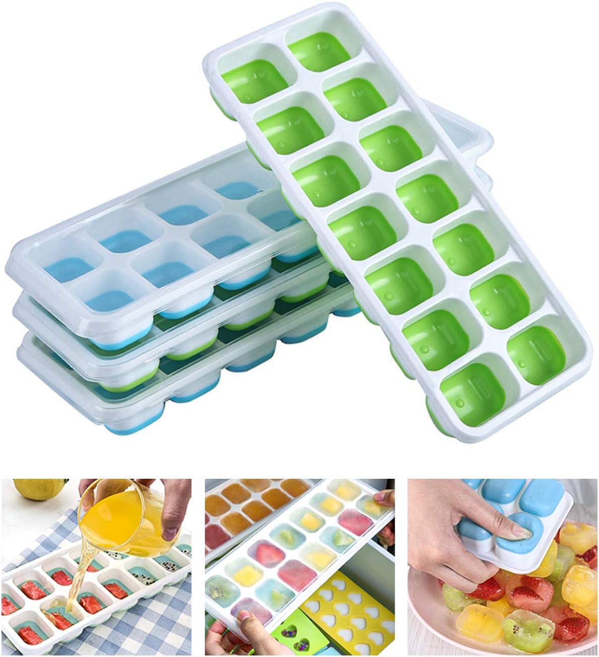 Ice Cube Trays silicone with lids 4 Pack,Square ice mold 14Ice Tray
