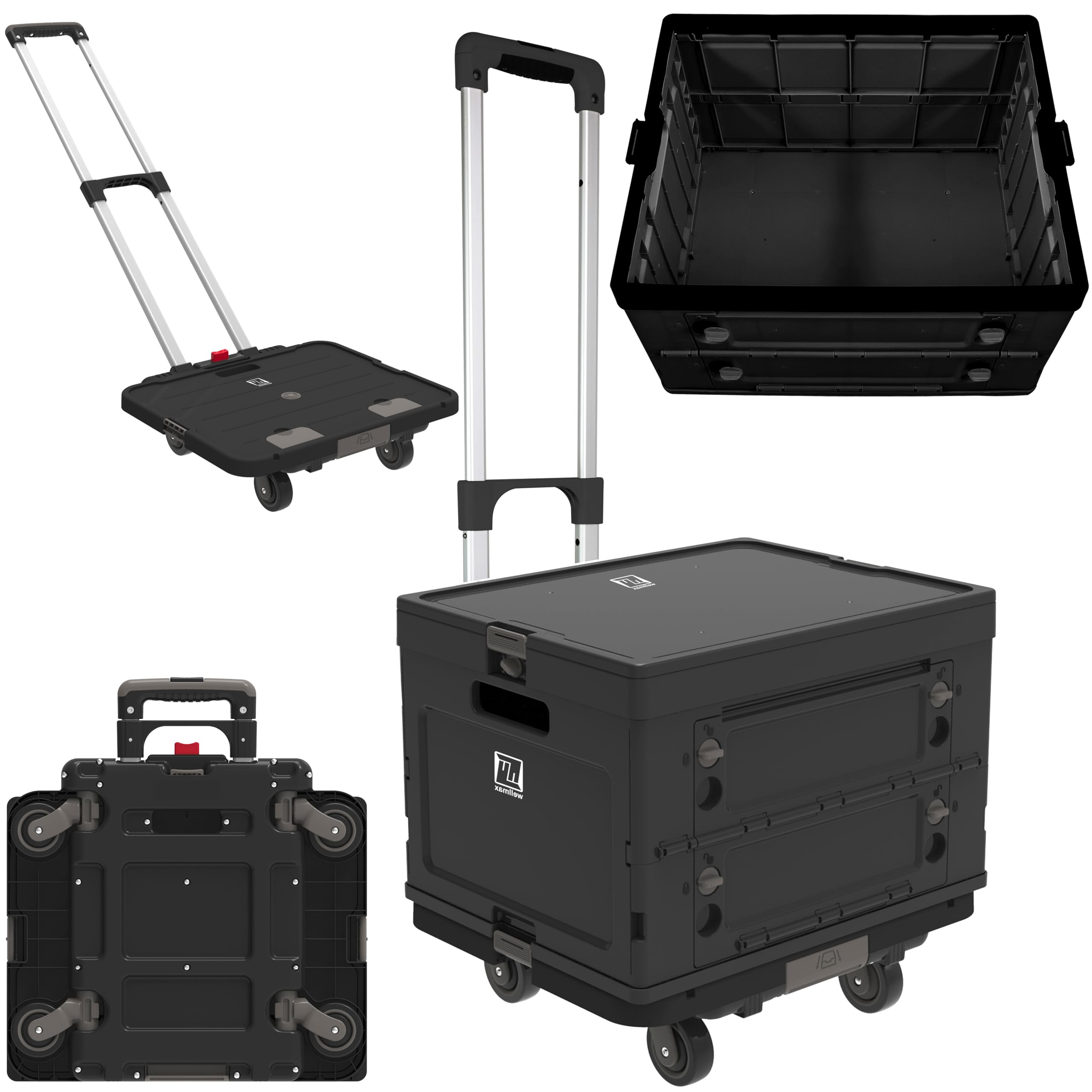 Photo 1 of Wellmax WM99800BK Rolling Crate Cart with Wheels, Foldable Utility Cart for Teachers, Shopping, Office | Silent Wheels, Aluminum Handle, 132 lbs Capacity – Black