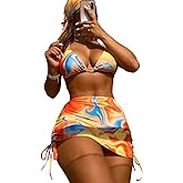 COZYEASE Women's 4 Piece Swimsuits Sexy Bikini Sets Triangle Bathing Suit with Mesh Cover Up Beach Skirt & Bandana