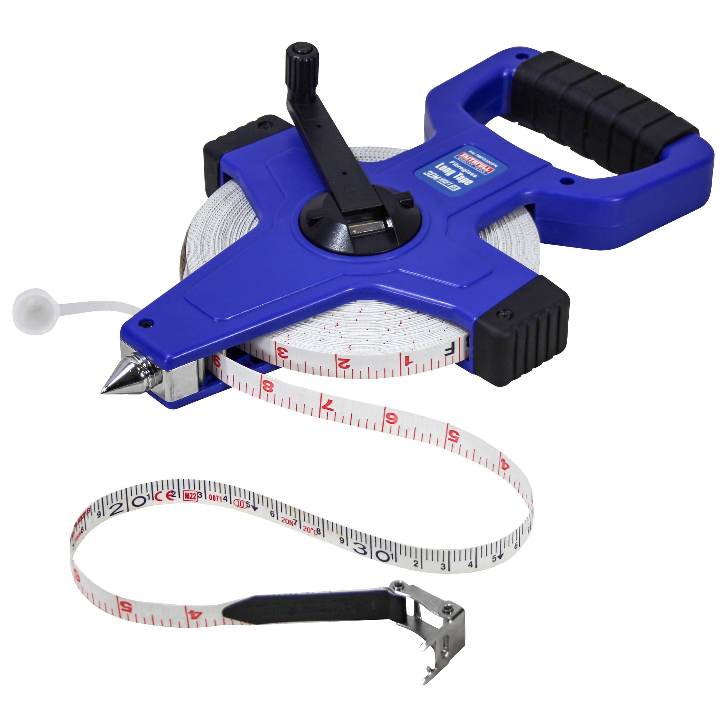 Faithfull Open Frame Surveyors Long Tape 30M (100ft) – Fiberglass, Class III Measuring Tape with Metric & Imperial Markings