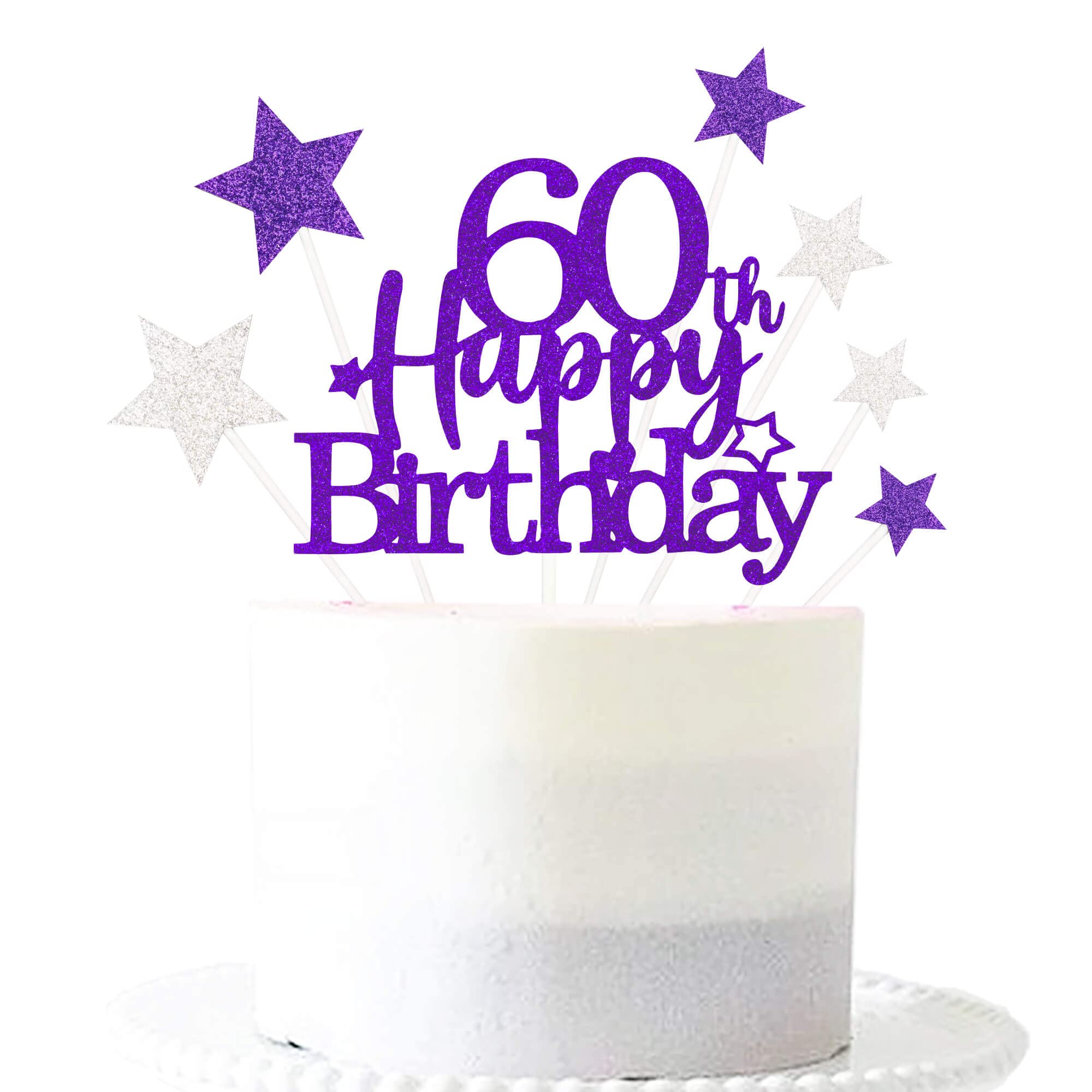 Glittery 60th Happy Birthday Cake Topper with Star,Personalised 60 Birthday Cake Toppers Party Decorations Party Supplies for Men Women Purple Silver