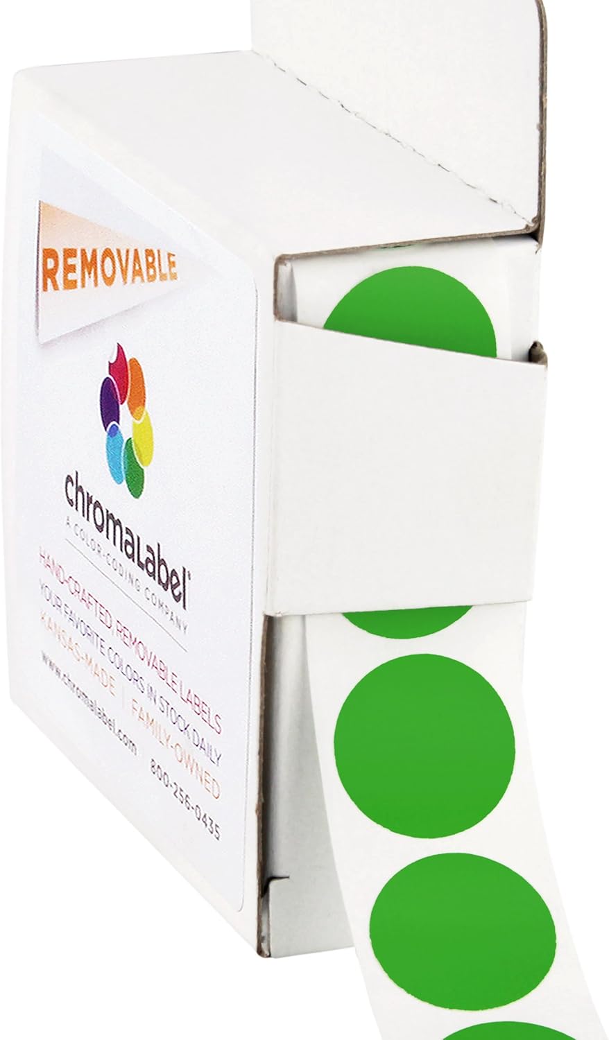 ChromaLabel 3/4 Inch Round Removable Color-Code Dot Stickers, 1000 per Dispenser Box, Green
