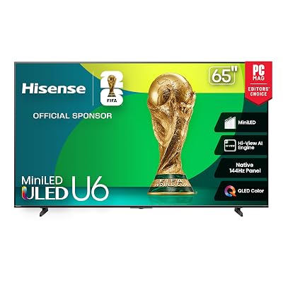 Hisense 65" Class U6 Series Mini-LED 4K UHD Smart Fire TV (65U65QF, 2025 Model) - QLED, Native 144Hz, HDR10+, Dolby Vision IQ, Dolby Atmos, Game Mode Pro, ALLM, Alexa Built in, Black