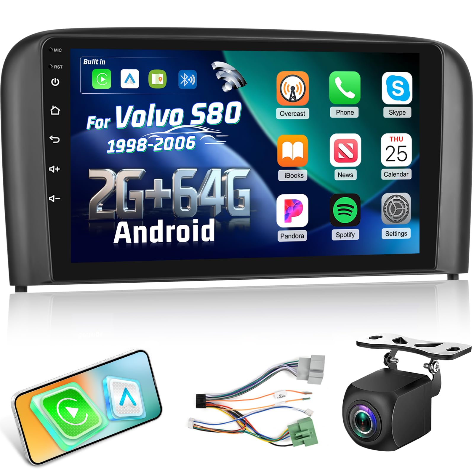 Photo 1 of 2+64G Android Car Stereo for Volvo S80 1998 1999 2001 2002 2003 2004 2005 2006-9 Inch Android Auto Touchscreen Radio with Wireless Carplay, WiFi, GPS, Equalizer, SWC, Mirror Linkm, AHD Backup Camera