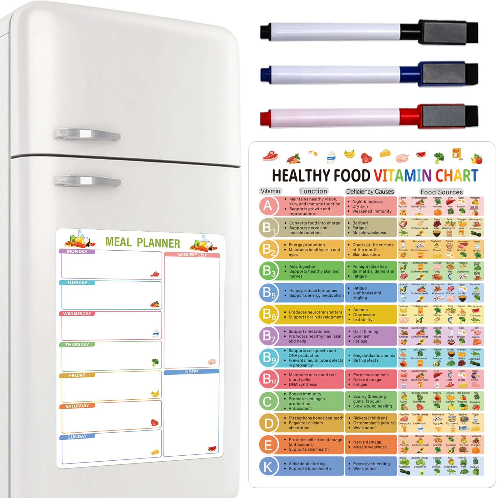 Photo 1 of  5 Dazoratix Healthy Food Chart Magnet – Vitamin Weekly Meal Planner for Fridge Magnetic Gout Diet Diabetic List Kitchen Conversion Nutrition Posters 3 Markers Dry Erase Menu Board Refrigerator Locker