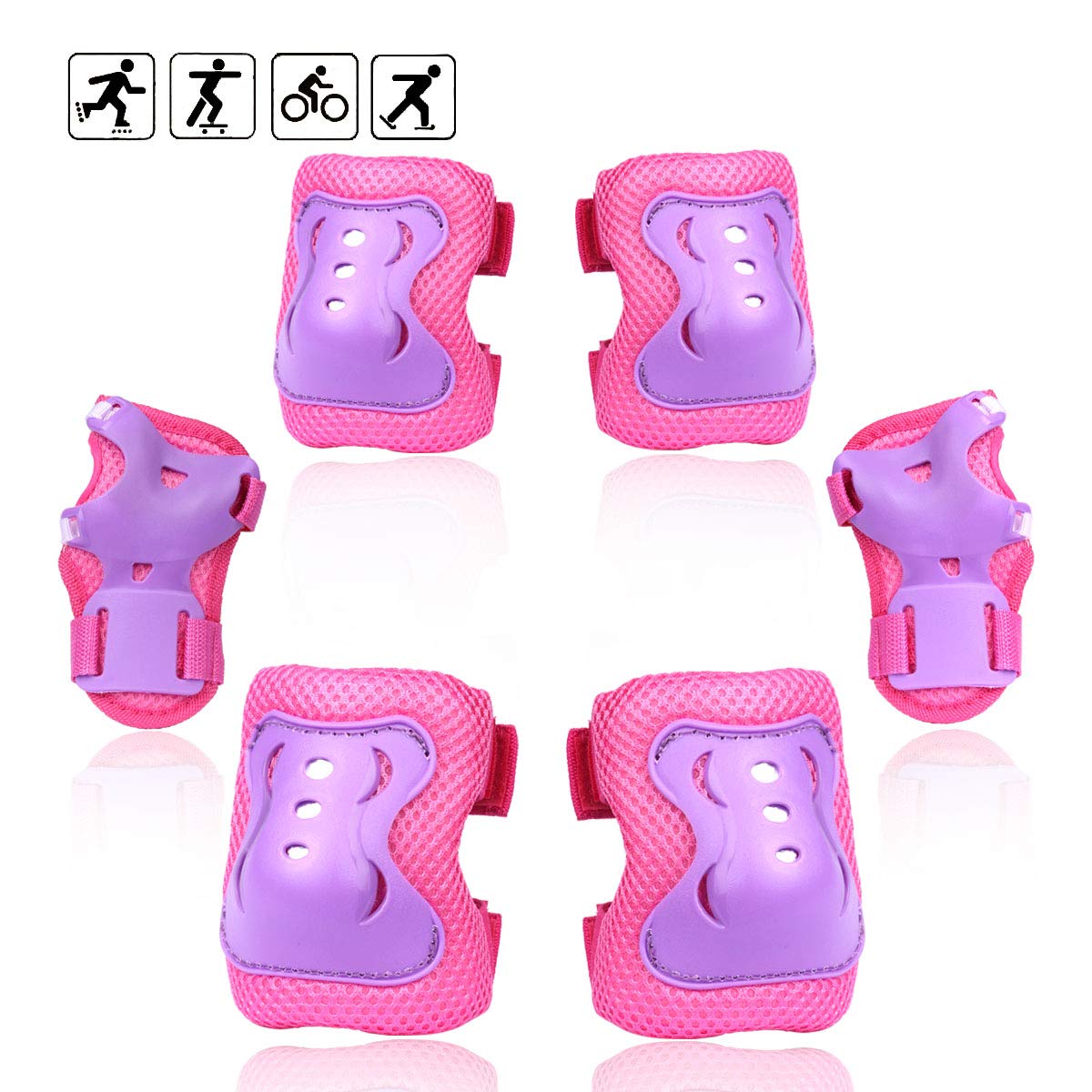 eNilecor Kid\'s Inline Skating Roller Blading Wrist Elbow Knee Pads Blades Guard Gift for Children\'s Day, Christmas Pack of 6 (Purple/Pink, S)